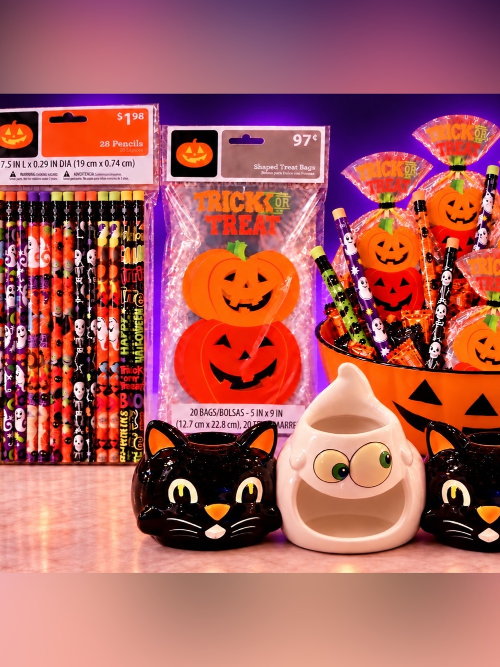 Halloween Ghost & Black Cat Tea Light Holders with Treat Bags and Pencils